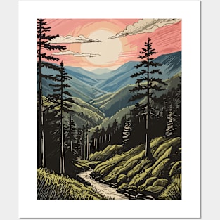 Mountainous Terrain During Sunset Or Sunrise Tall Coniferous Trees Posters and Art